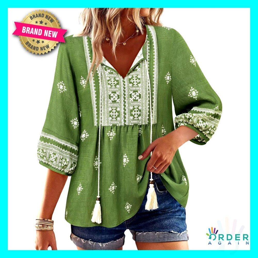 Boho Babydoll Peplum Blouse 3/4 Sleeve V Neck Tie Front Tunic Top